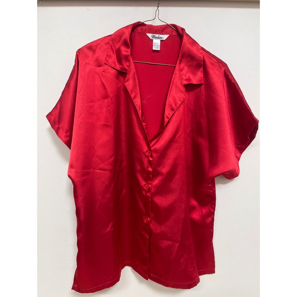 Winlar Red Satin Short Sleeve Button Down Pajama Top Large Lounge Sleepwear